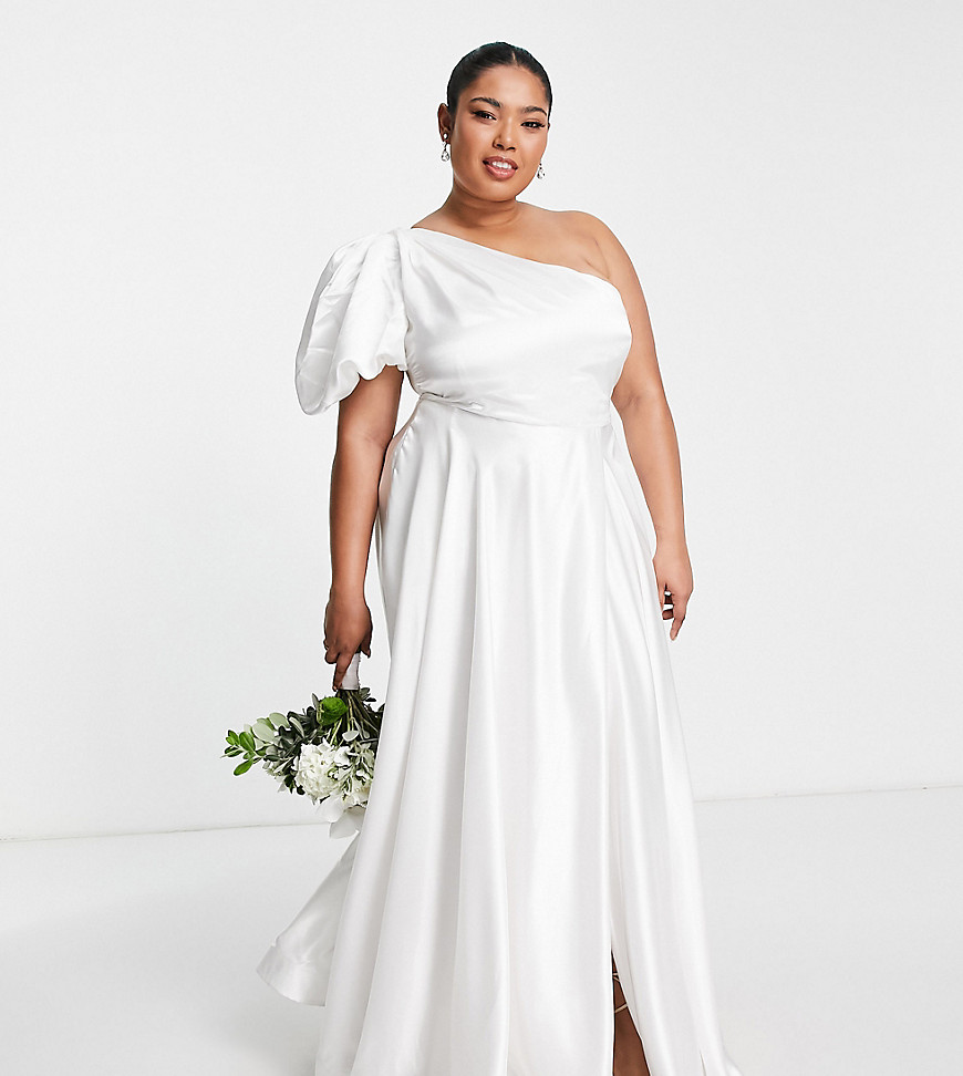 Yaura Plus Bridal one shoulder balloon sleeve full gown in ivory-White