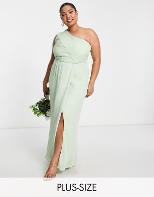 Yaura Plus Bridesmaid drape one shoulder maxi dress in sage-Green