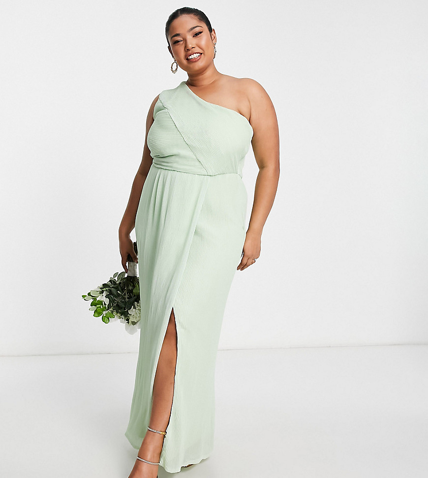 Bridesmaid drape one shoulder maxi dress in sage-Green