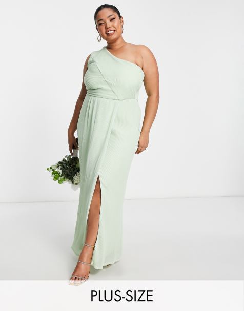 Yaura Plus – Bridesmaid – Drapiertes Maxikleid mit One-Shoulder-Träger in Salbeigrün - view 1