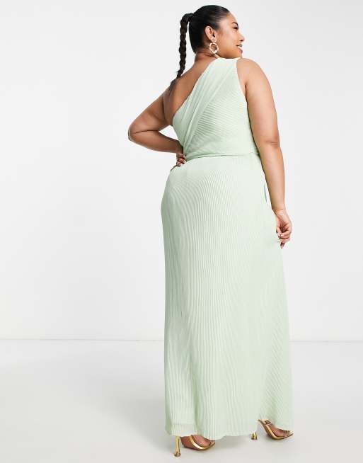 Yaura Plus – Bridesmaid – Drapiertes Maxikleid mit One-Shoulder-Träger in Salbeigrün, 2 von 4