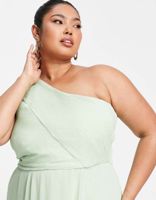 Yaura Plus – Bridesmaid – Drapiertes Maxikleid mit One-Shoulder-Träger in Salbeigrün, 3 von 4