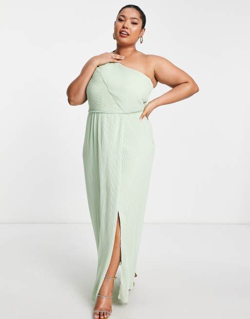 Yaura Plus – Bridesmaid – Drapiertes Maxikleid mit One-Shoulder-Träger in Salbeigrün, 4 von 4