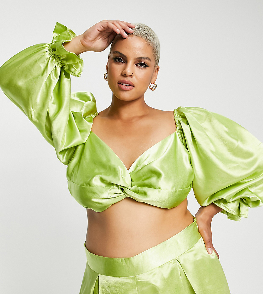 Plus-size top by Yaura Part of a co-ord set Trousers sold separately Sweetheart neck Volume sleeves Shirred stretch back Regular fit