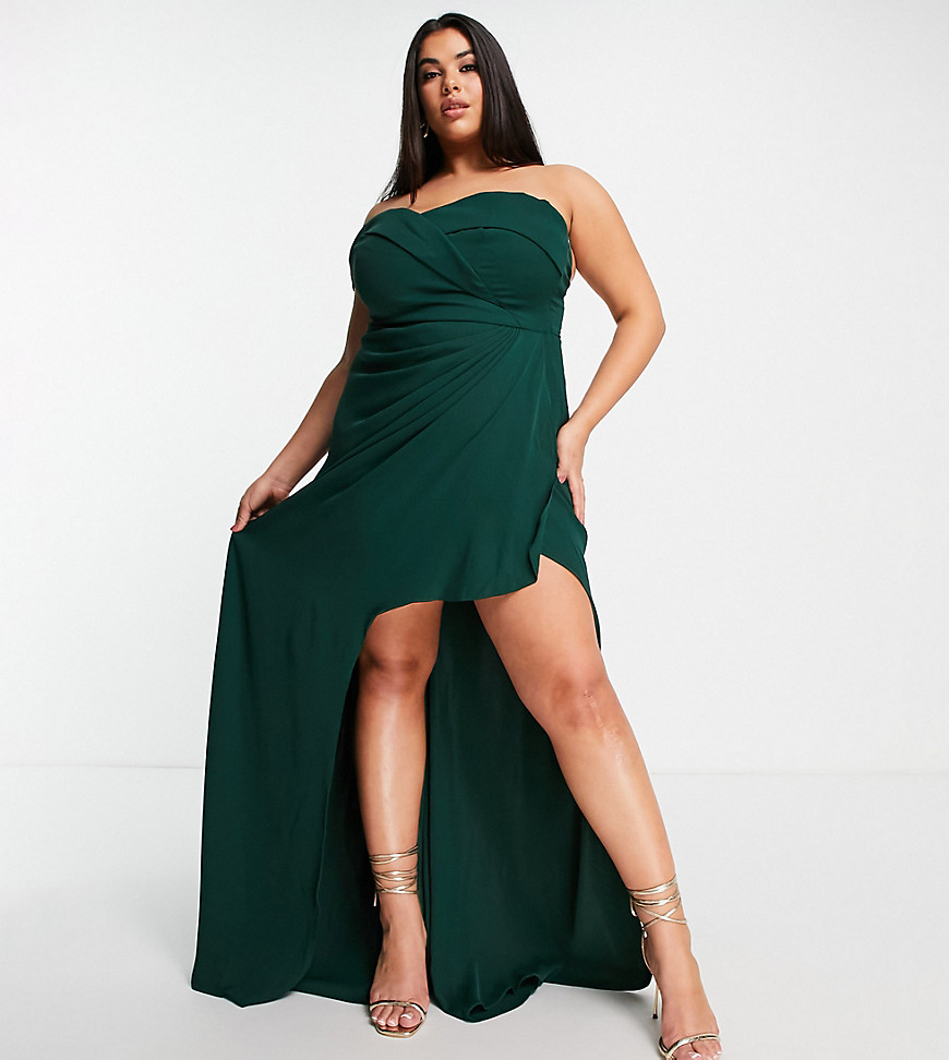 Yaura Plus - Maxi bardot-jurk met ongelijke zoom in smaragdgroen