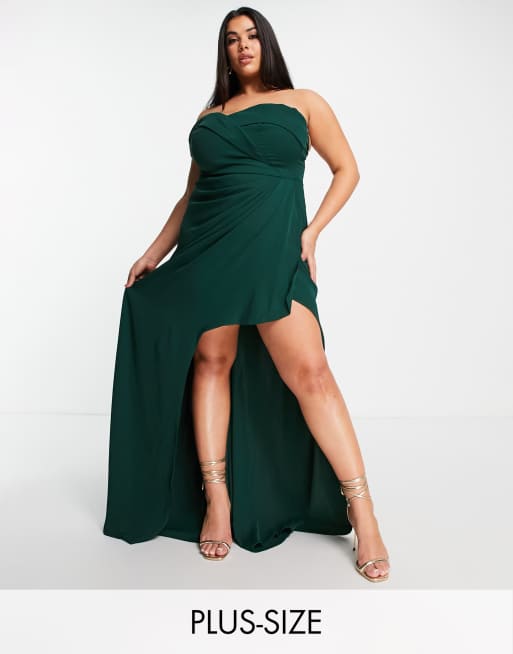 Yaura Plus - Maxi bardot-jurk met ongelijke zoom in smaragdgroen