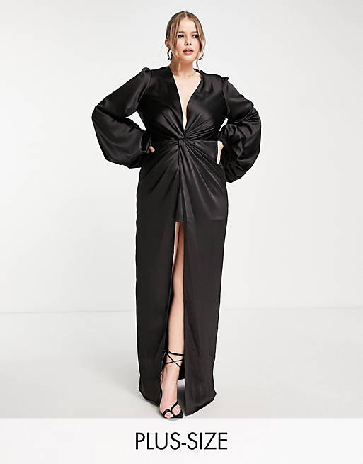 Yaura Plus - Maxi jurk met gedraaide voorkant en ballonmouwen in zwart