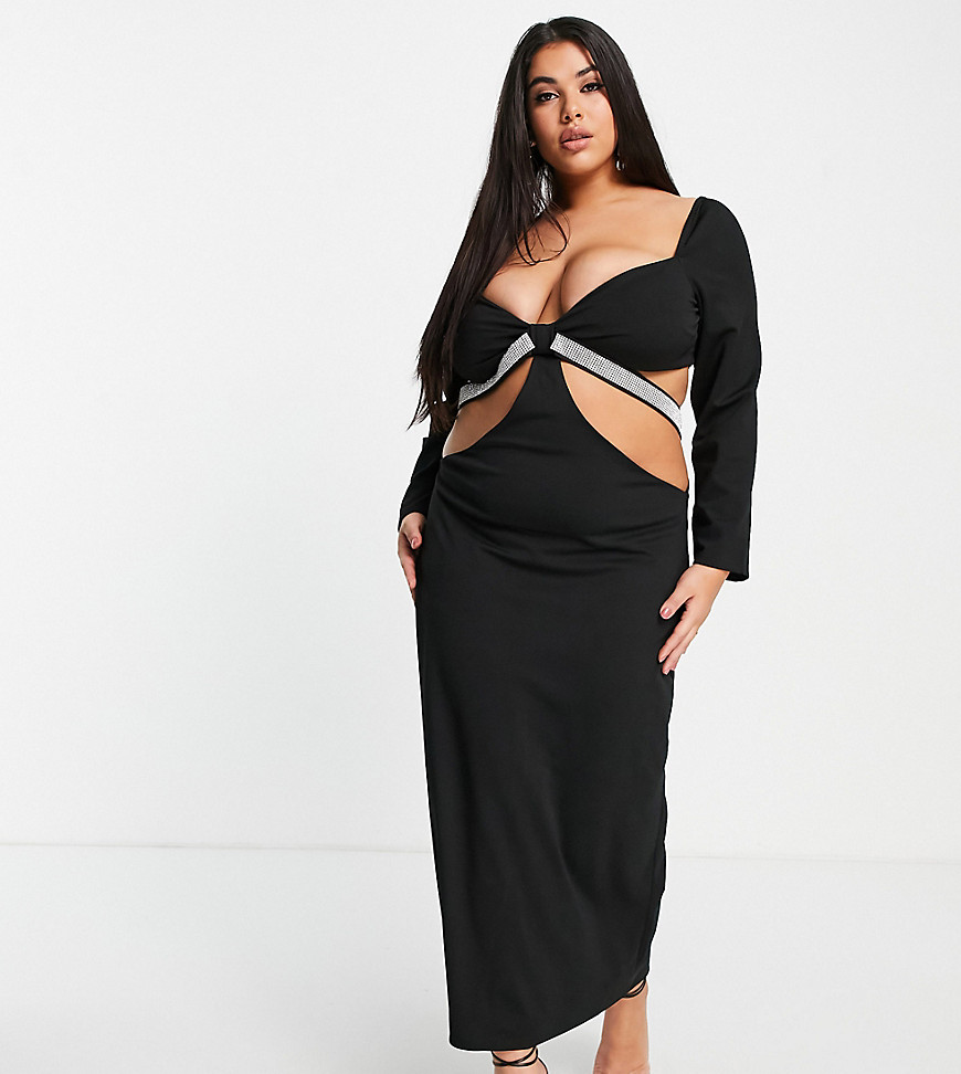 Yaura Plus - Midaxi-jurk met uitsnijding en bandjes met siersteentjes in zwart