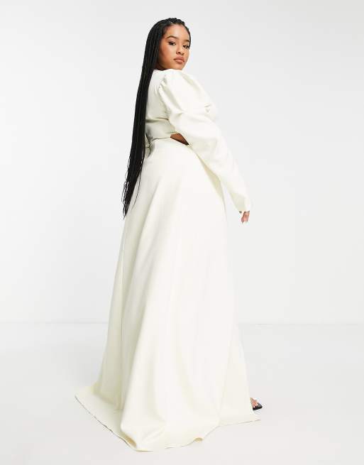 Yaura Plus – Minikleid in Elfenbein mit Schleppe, abfallendem Saum und Puffärmeln, 2 von 4