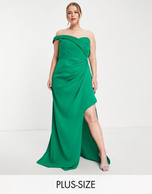 Yaura Plus one shoulder drape high low maxi dress in green - ASOS Price Checker