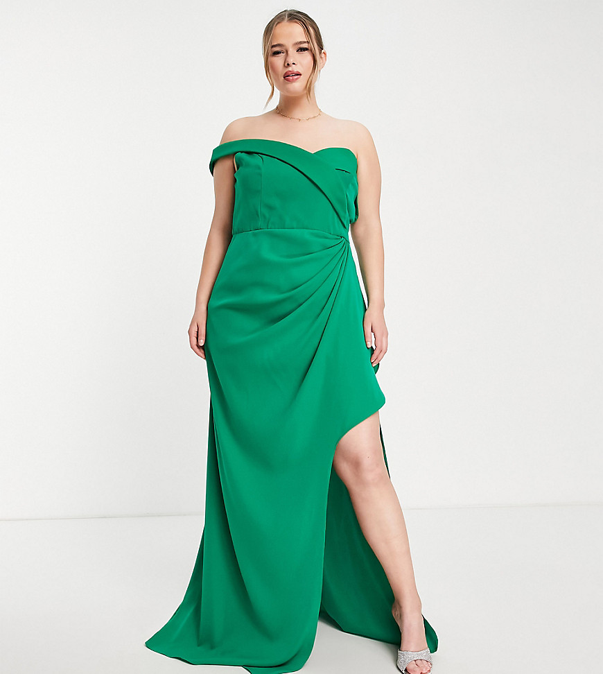 Yaura Plus one shoulder drape high low maxi dress in green