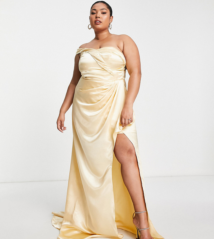 Yaura Plus One Shoulder Satin Drape Maxi Dress In Champagne Gold