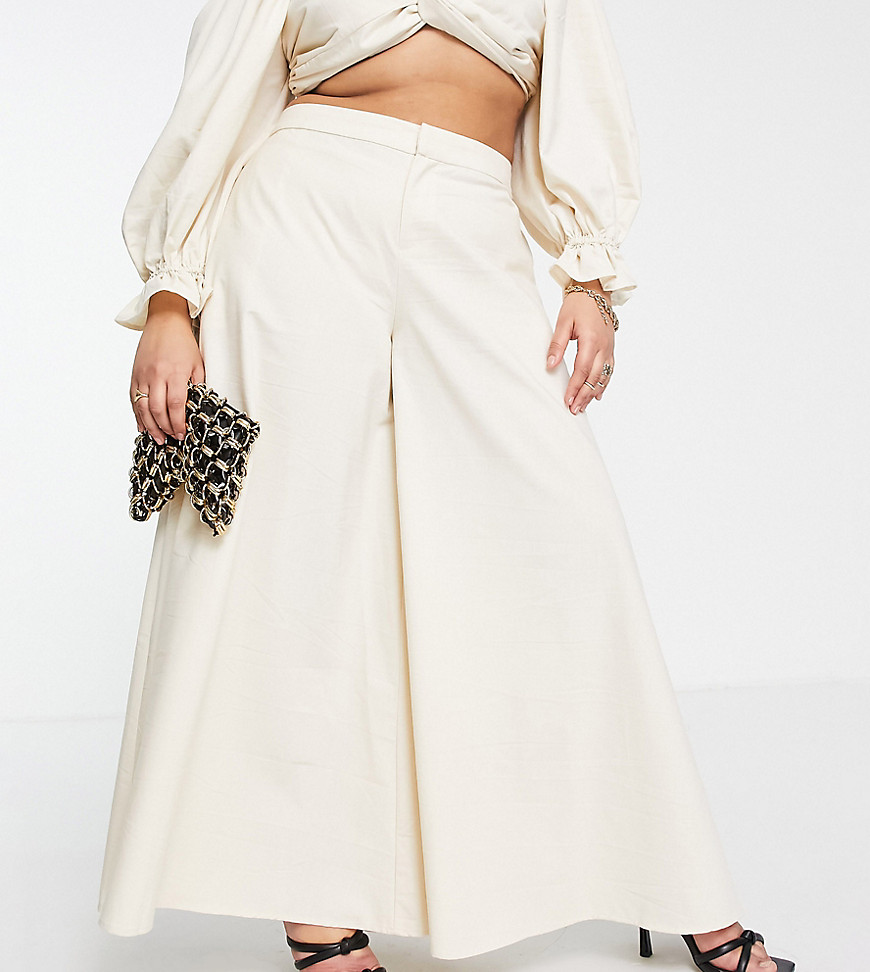 Pantalone Bianco donna Yaura Plus - Pantaloni con fondo ampio color ostrica in coordinato-Bianco