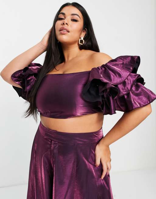 Yaura Plus – Plommonfärgad crop top med volangärm, del av set, 2 av 4