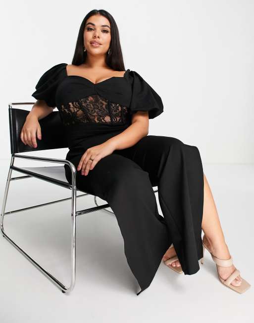 Yaura Plus puff sleeve lace corset jumpsuit in black