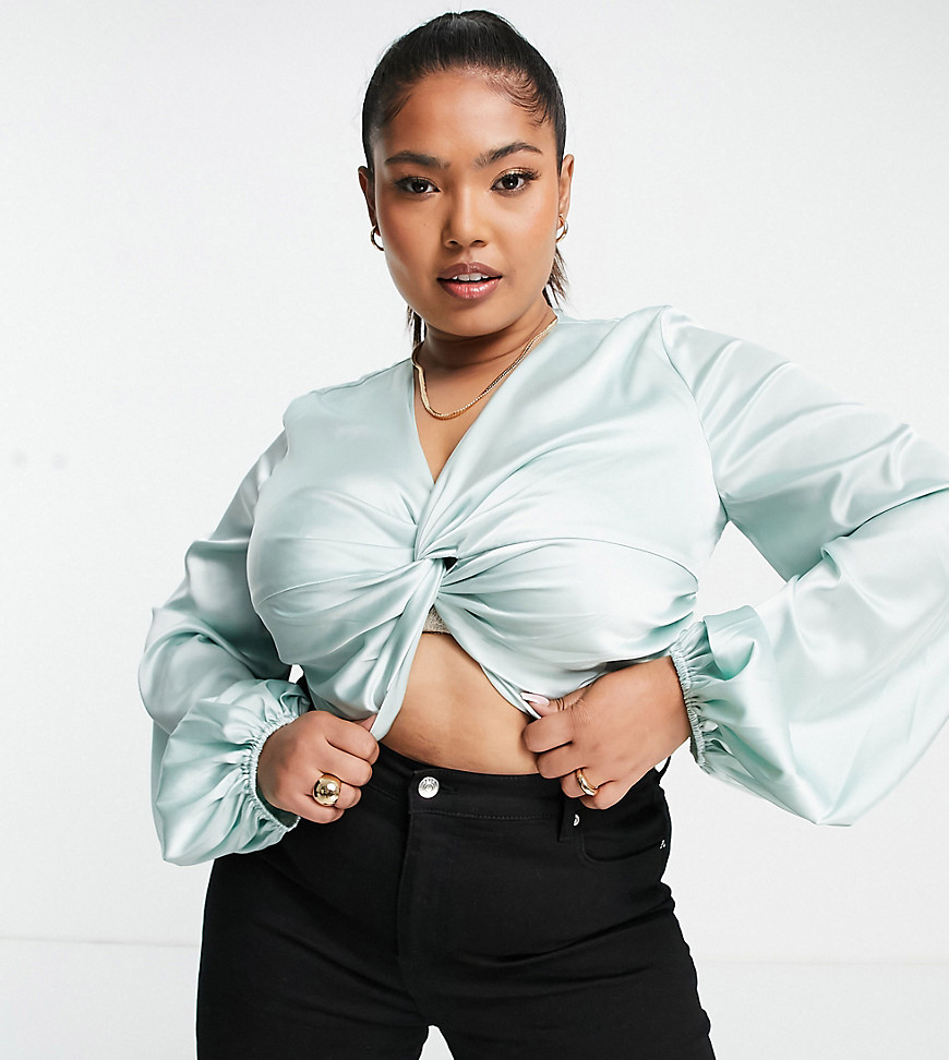 Yaura Plus satin twist shirt with balloon sleeve in sage - part of a set-Green