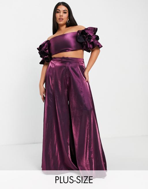 Yaura Plus super wide leg pleated pants in plum (part of a set)