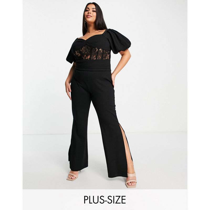Tute jumpsuit Donna Yaura Plus - Tuta jumpsuit in pizzo nero con dettaglio a corsetto e maniche a sbuffo