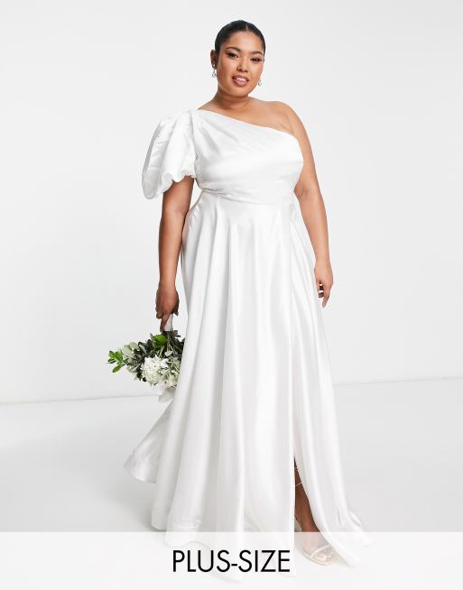 Yaura Plus - Vestito da sposa monospalla con manica a palloncino e gonna a ruota color avorio