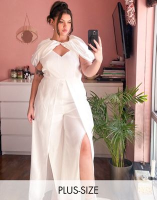Yaura Plus wide leg jumpsuit with off shoulder drape in ivory