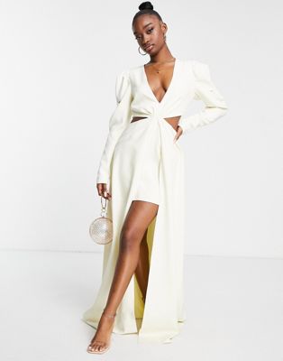 Yaura puff shoulder high low mini dress with train in ivory - ASOS Price Checker
