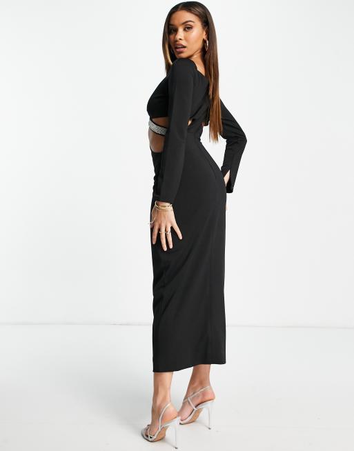 Yaura - Robe longueur mollet avec lanières ornées de strass - Noir, 4 de 4
