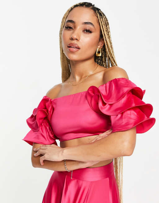 Yaura ruffle sleeve crop top co-ord in pink