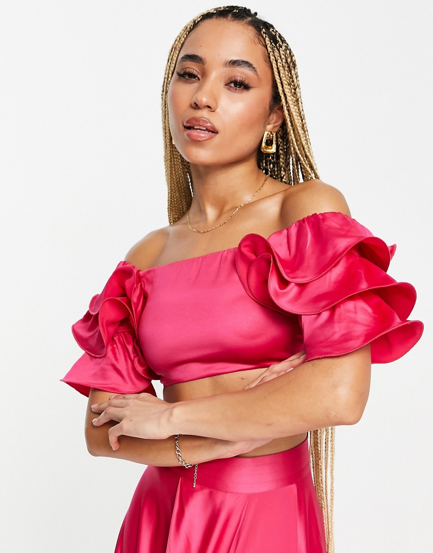ruffle sleeve crop top in pink - part of a set