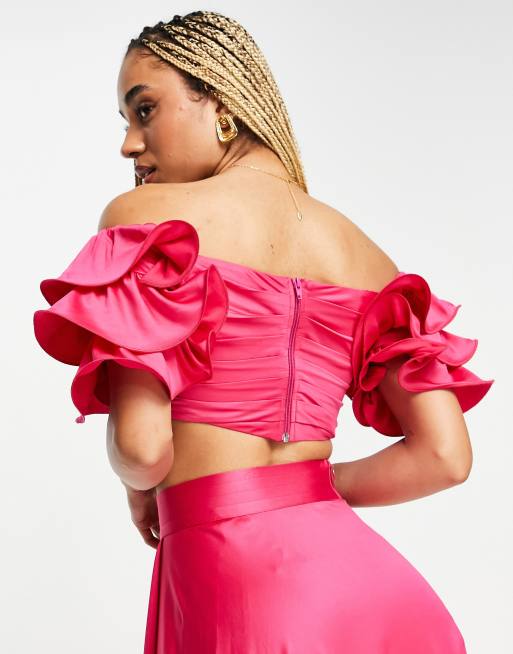 Yaura ruffle sleeve crop top in pink - part of a set