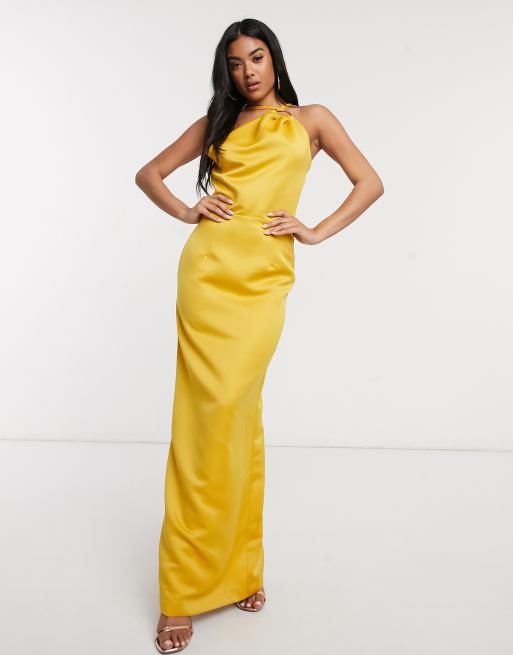 Yaura satin coloumn maxi dress with strappy back in marigold | ASOS