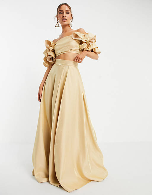 Yaura elevated pleated maxi skirt co-ord in champagne gold