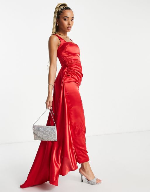 Red satin square neck 2024 dress