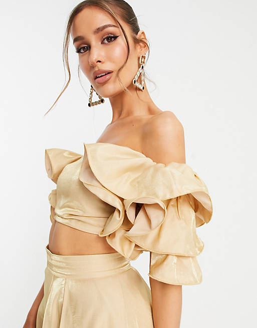 Yaura tiered sleeve off shoulder crop top co-ord in champagne gold