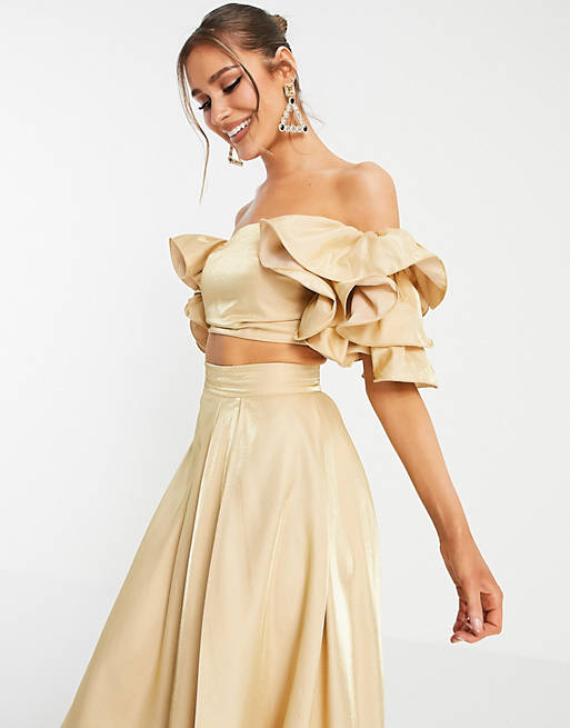Co-ords Yaura tiered sleeve off shoulder crop top co-ord in champagne gold 