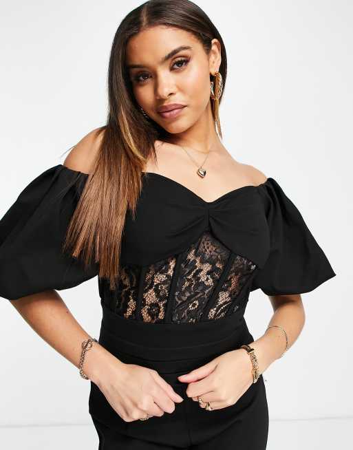 Yaura - Tuta jumpsuit con a corsetto in pizzo e maniche a sbuffo nero, 3 di 4