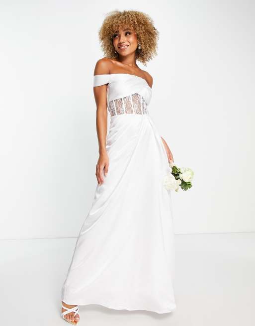 Yaura Vestito da sposa lungo con corsetto e scollo ad anello color avorio