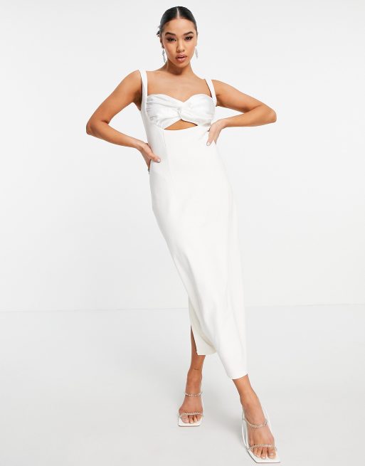 Yaura - Vestito midi avorio in raso con spacco e cut-out e intreccio sul busto, 4 di 4