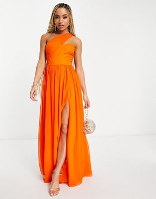 Yaura wrap over shoulder pleated maxi dress in orange | ASOS