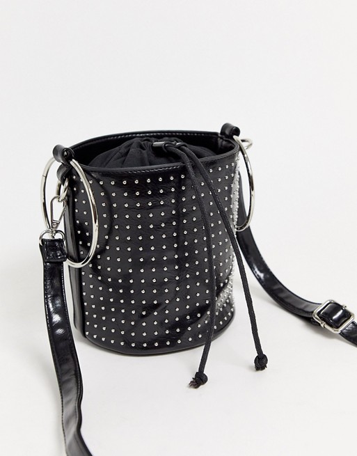 Yoki Fashion studded cross body bucket bag in black with hardware