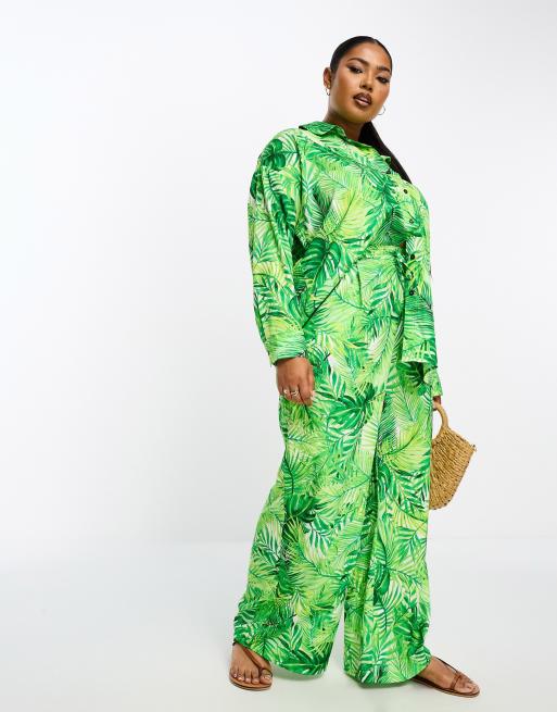 Palm Leaves Printed Silk Pajama Set Lounge Wear Sleepwear