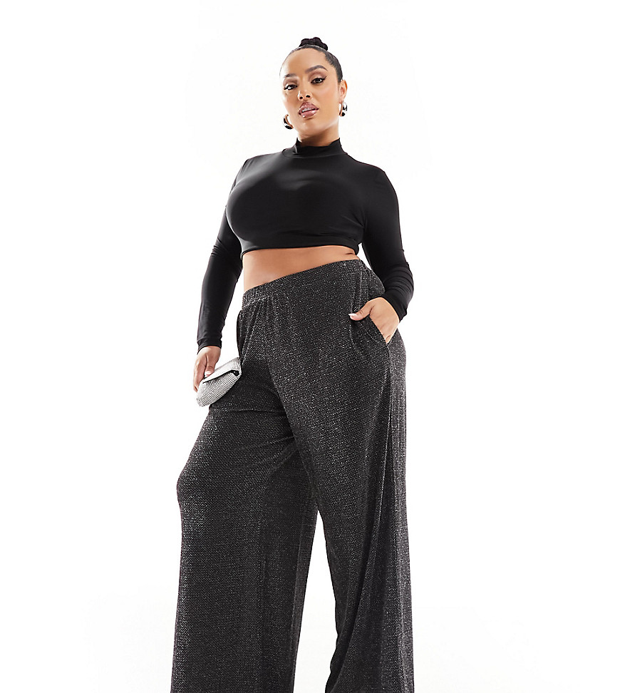 Yours Your Wide Leg Glitter Pants In Black
