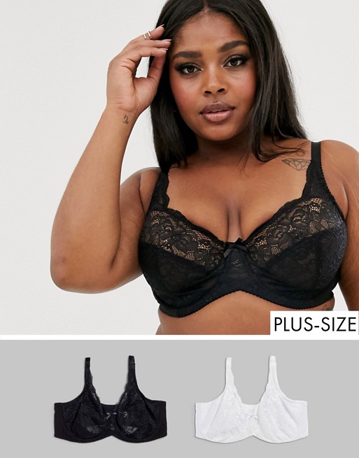 Yours 2 pack lace wired bras in black and white
