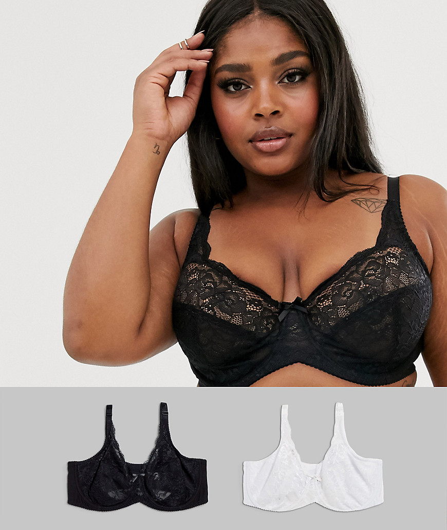 Yours 2 pack lace wired bras in black and white-Multi