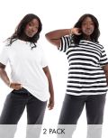 [Yours] Yours 2 pack t-shirt in white & mono stripe-Multi 34-36 Multi