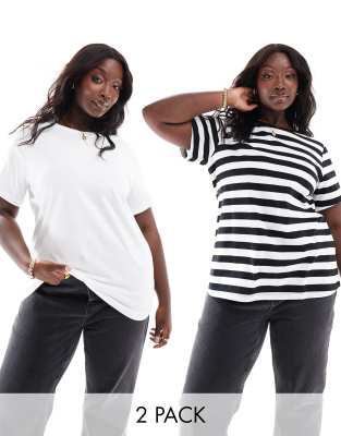 2 pack t-shirts in white & black stripe-Multi