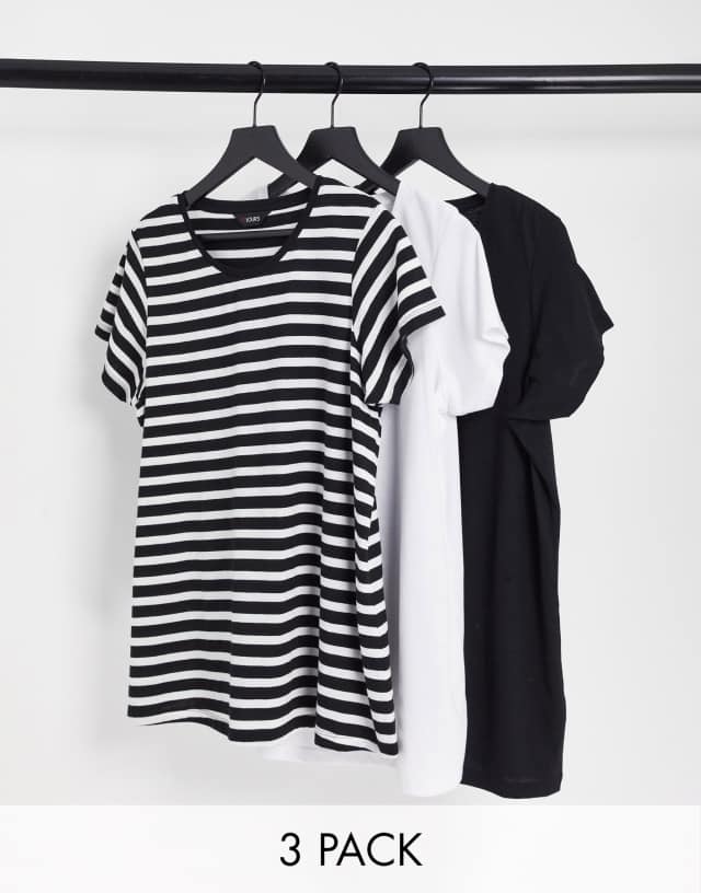 Yours 3 pack t-shirts in black white and black stripe