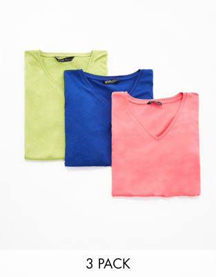 3 pack v neck T-shirts in pink, navy and green-Multi