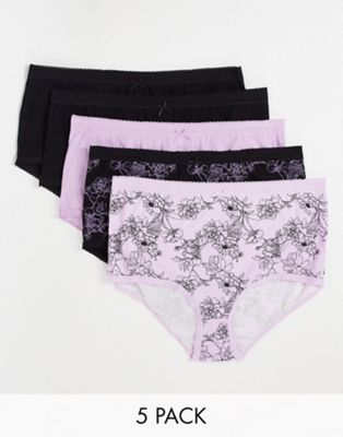 Yours 5 pack briefs in black and lilac floral