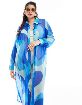 abstract midi beach cover up in blue