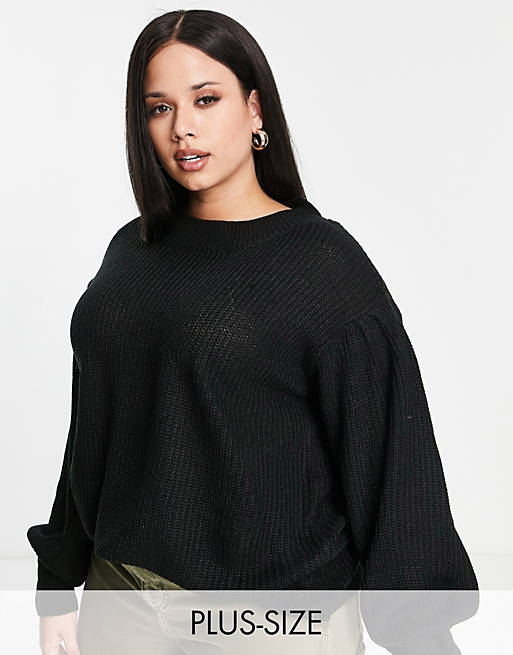 Yours balloon sleeve jumper in black